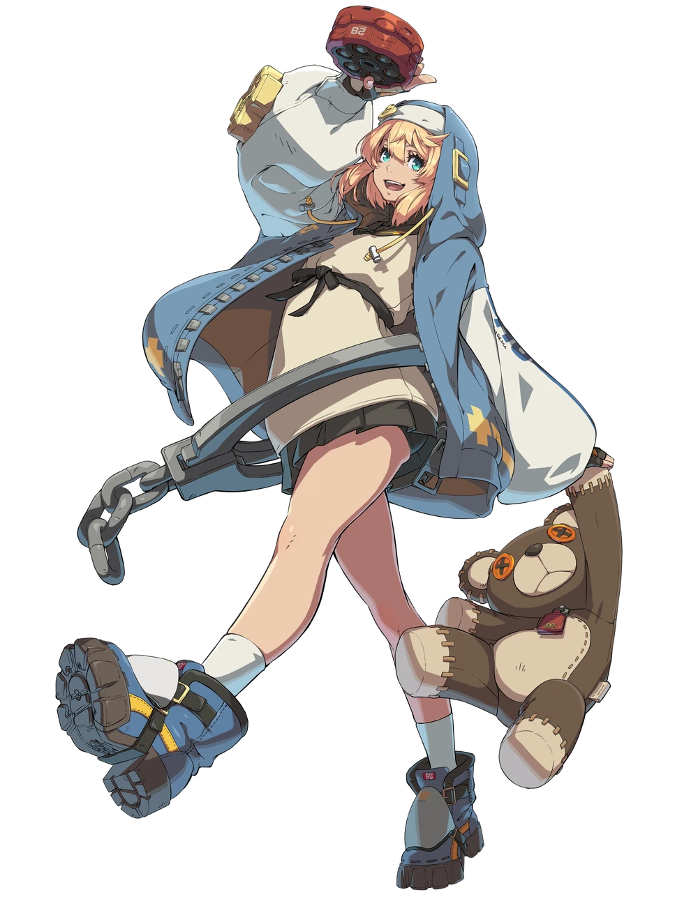An illustration of a young blonde woman grinning at the camera with one leg extended in a walking pose. She wears a loose blue sweatshirt with white sleeves open over a tunic and short skirt, as well as big clompy boots. In one hand she holds a large yo-yo; from the other dangles a teddy bear. A giant manacle is loosely clasped around her stomach, the chain broken.