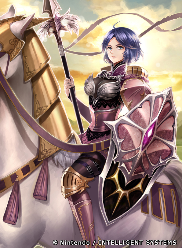 Art of Midia from Cipher, the card game. A woman with a blue bob dressed in pink armor riding a horse. She carries a lance and an ornate shield.
