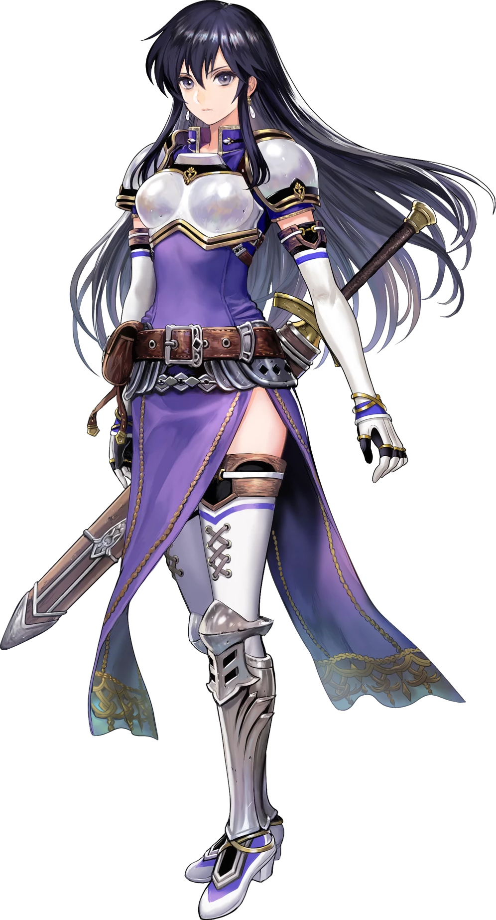 Ayra's portrait from Heroes. An intense woman with long dark hair, dressed in light silver armor and purple fabric.