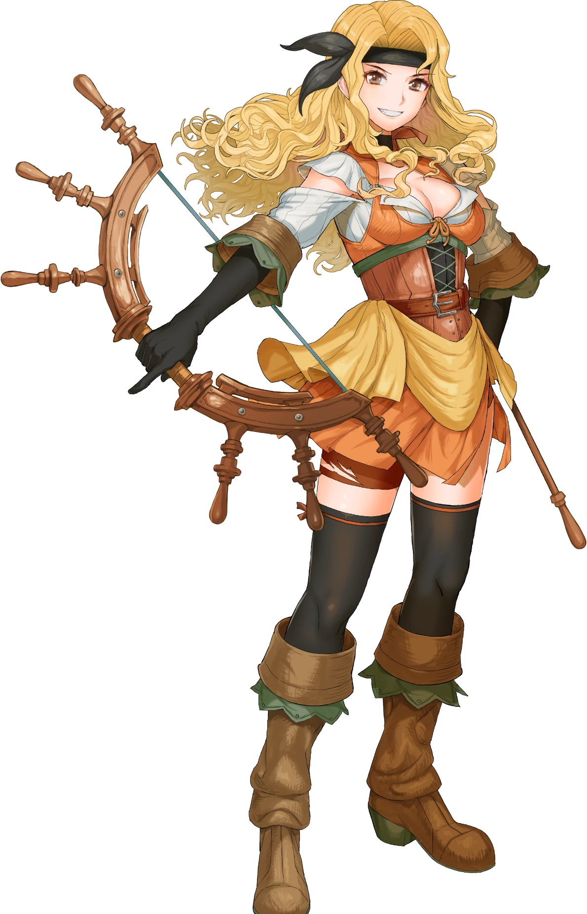Brigid's portrait from Heroes. A grinning blonde woman with a bandana and orange tunic, holding a bow fashioned from a ship's wheel.