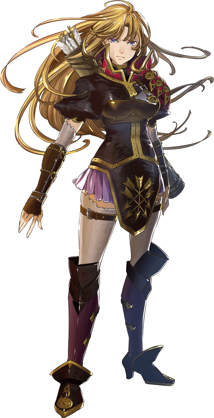 Clarisse's portrait from Heroes. An intense blonde woman staring at the audience, wearing a brown armored tunic with a high red collar and a quiver. Her hair flows around her.