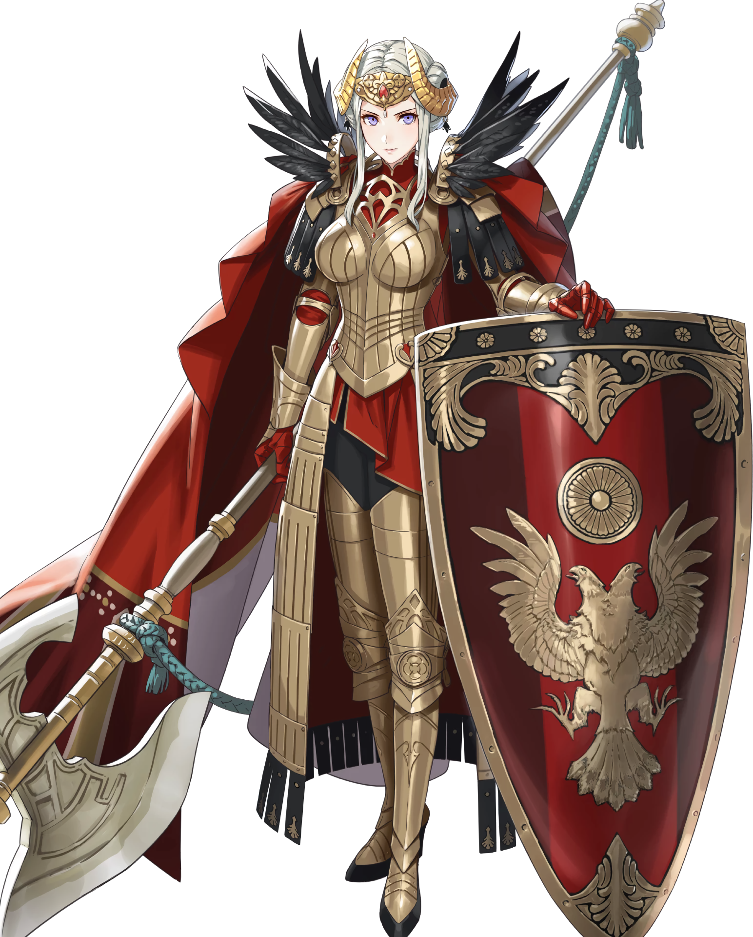 Edelgard's 'Emperor' portrait from Heroes. An intense woman with white hair and a horned crown dressed in elaborate gold armor, with a large shield and battleaxe.