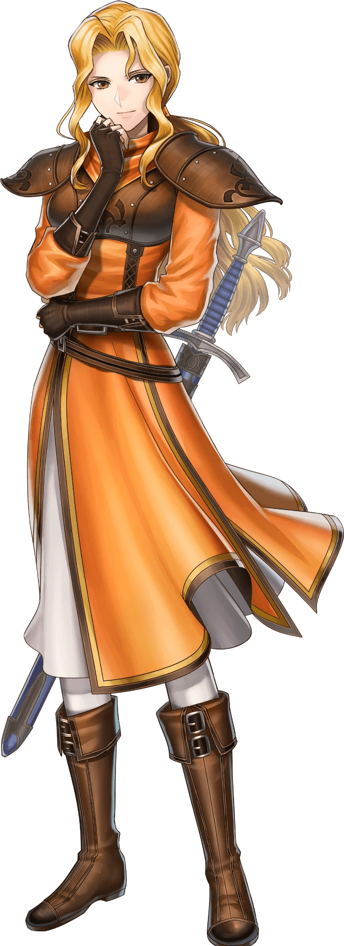 Eyvel's portrait from Heroes. A calm blonde woman in an orange dress with a sword at her back.