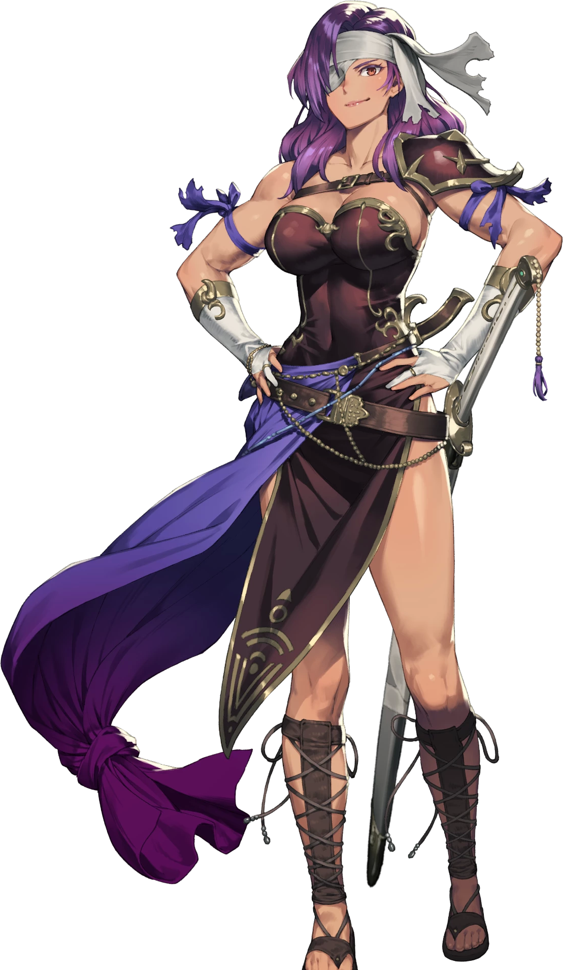 Malice's portrait from Heroes. A proud-looking woman with purple hair, a bandana, and bandages covering one eye. Her outfit covers from her chest to her knees. She has a sword at her side.