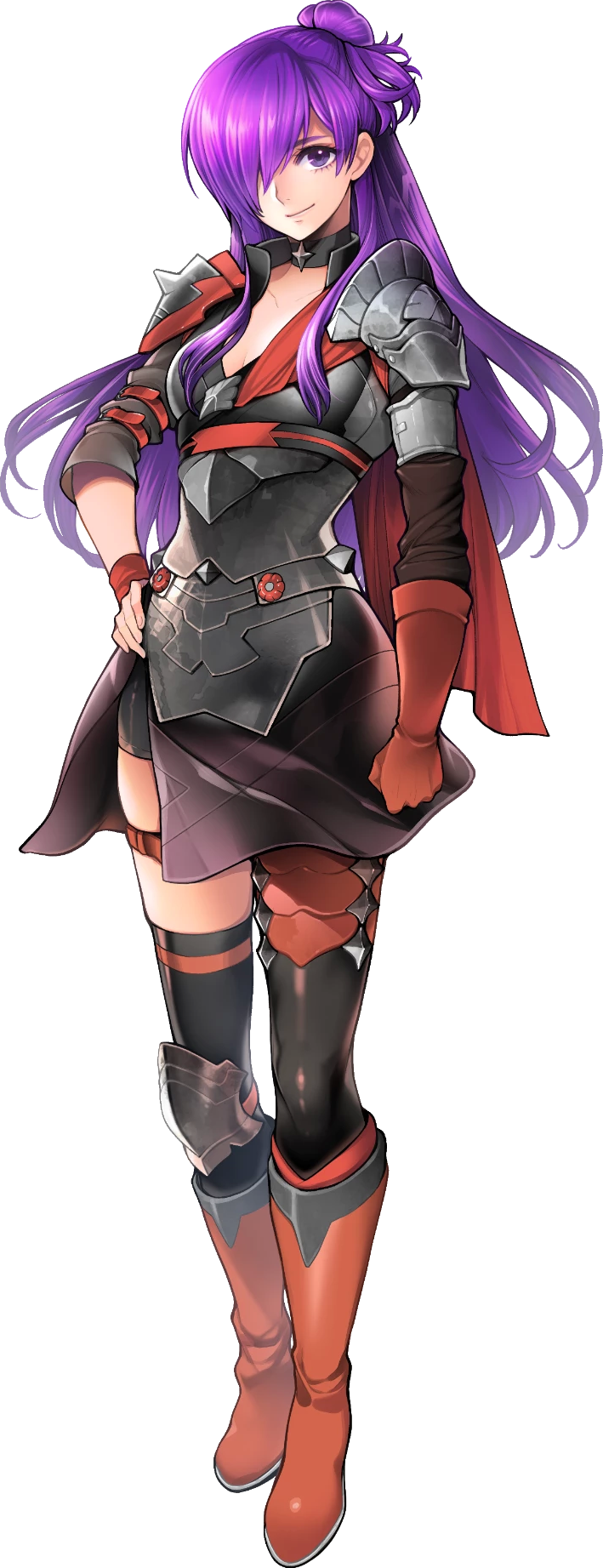 Shez's portrait from Heroes. A woman with long purple hair that covers one eye and goes down her back and a small bun on top of her head. She wears asymmetrical armor and smiles at the audience with one hand on her hip.