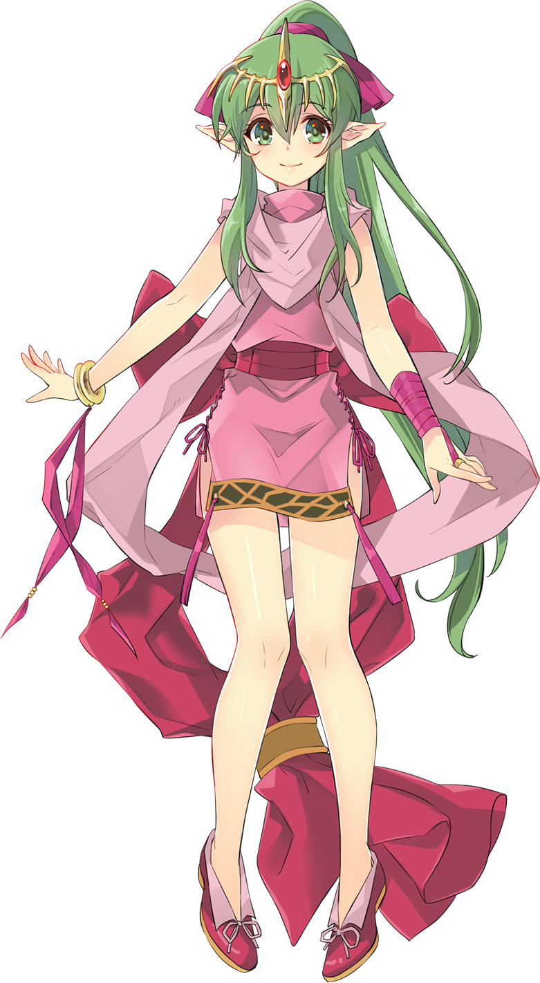 Tiki's portrait from Heroes. A young girl with long green hair and a gold tiara, smiling.