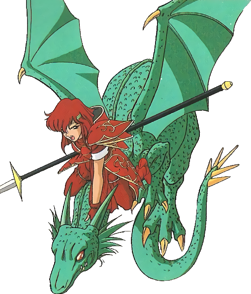 Artwork of Minerva from Mystery of the Emblem. Shot from above of the same woman, riding a green dragon in midflight, mouth open in a yell. Her left hand holds the neck of the dragon; her right, a long spear.