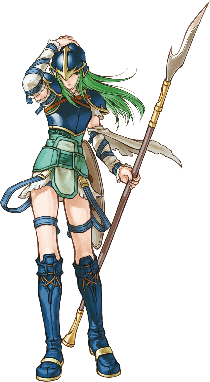 Artwork of Nephenee from Path of Radiance. A young woman with long green hair wearing blue armor and a helmet that she holds onto her head with one hand. In the other hand she holds a spear. A round shield is strapped to her hip.