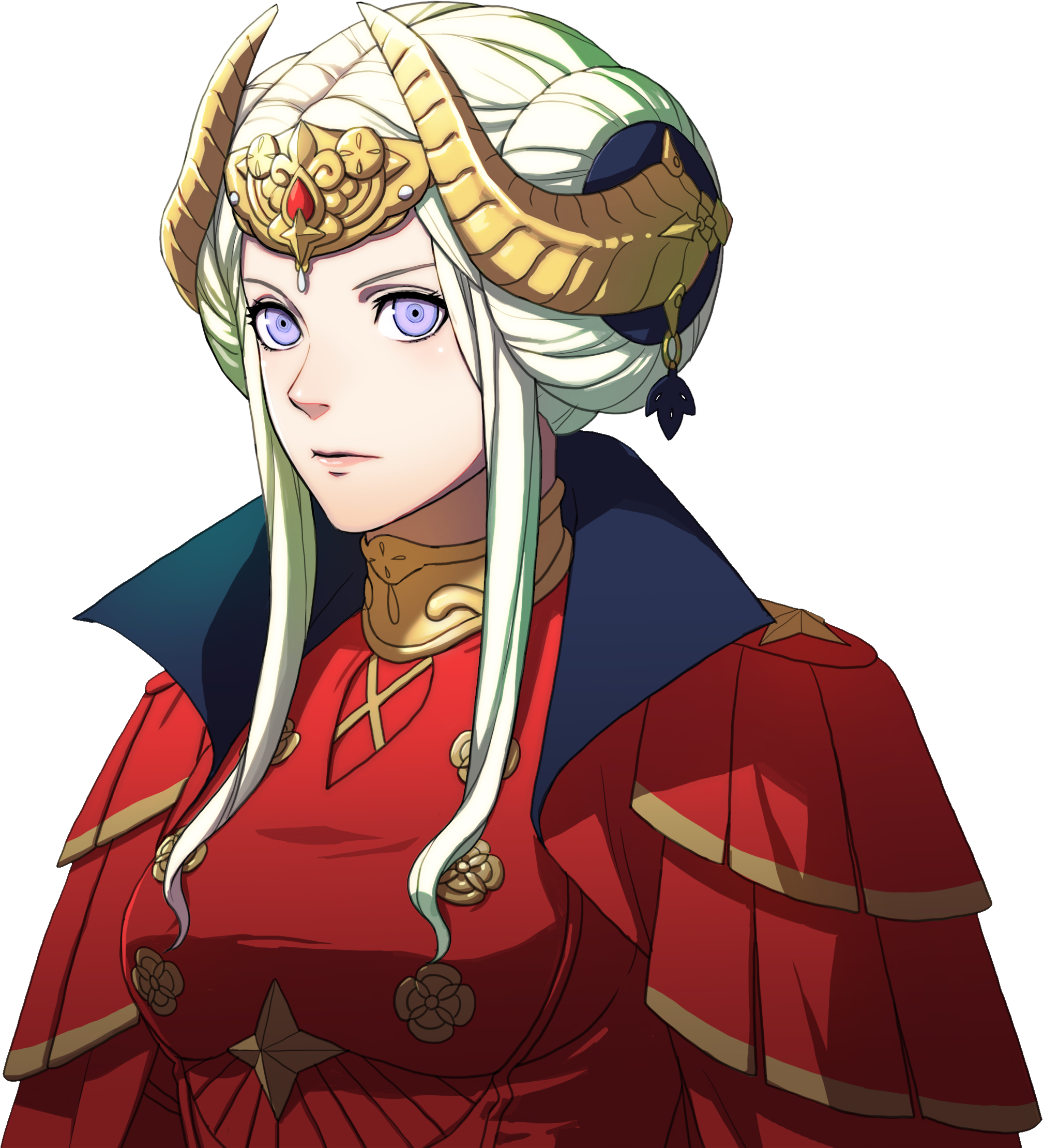 Edelgard's 'Emperor' portrait from Three Houses. A shoulders-and-up-picture of the same woman, wearing red armor and a red cloak.