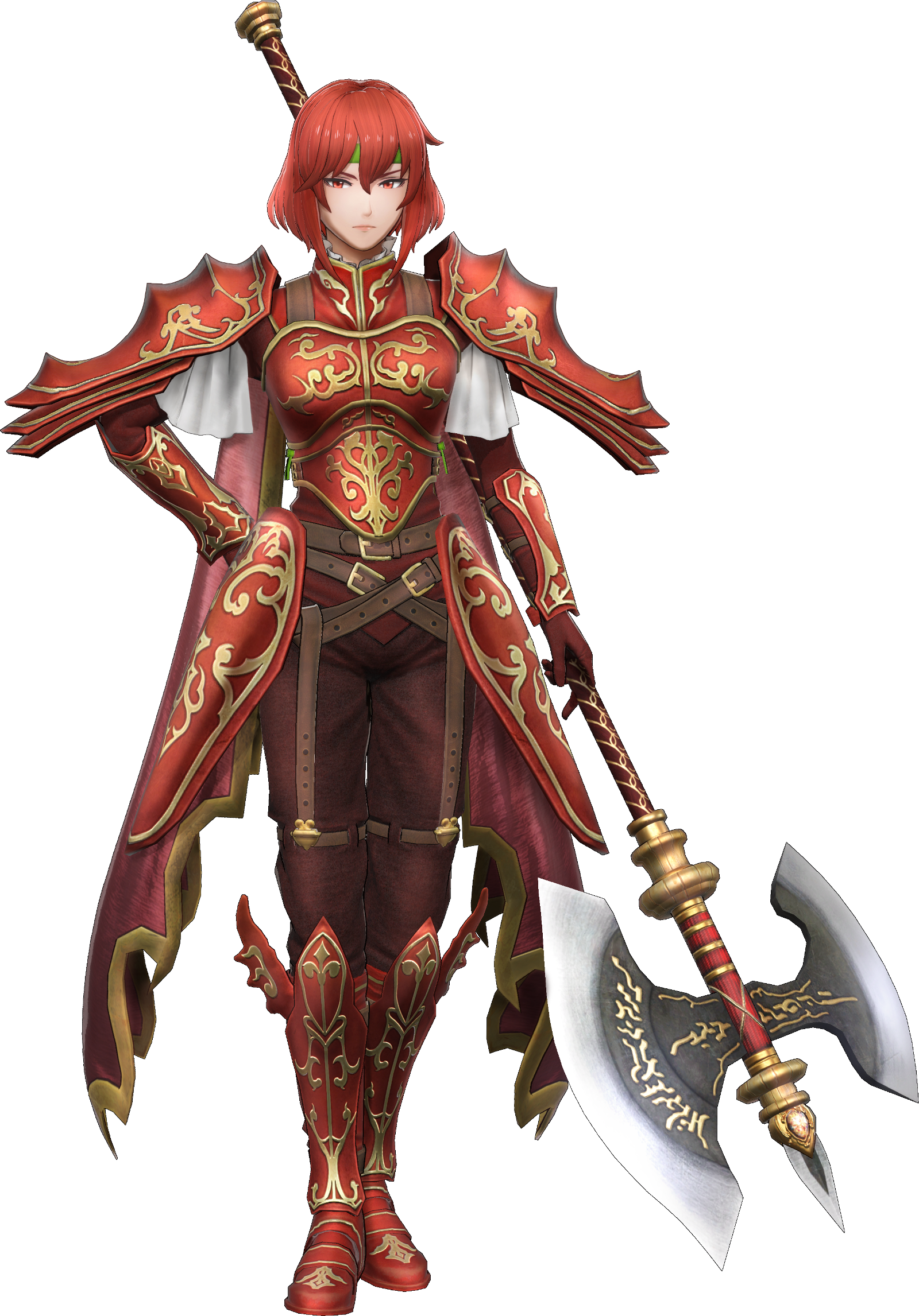 Artwork of Minerva from Fire Emblem: Warriors. An intense-looking woman with ornate red armor and chin-length bright red hair looks at the camera. In one hand is a long-handled battleaxe.