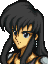 Ayra's sprite from Genealogy of the Holy War. Pixel art from the shoulders and up of the same woman, in a very 90s anime style.