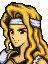 Brigid's sprite from Genealogy of the Holy War. Pixel art from the shoulders and up of the same woman, in a 90s anime style and looking determined, now wearing white.