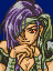 Malice's sprite from Archanea Saga. The same woman from the chest up in pixel-art, clasping her hands under her chin and looking into the camera. Her visible eye is red.
