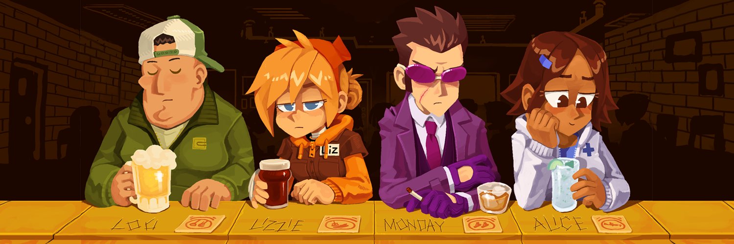 Four tired people sit at a bar in a line: Lou, a big handyman with a baseball cap; Lizzie, a tired service worker with a ponytail; Monday, in a purple suit, tie, and sunglasses; and Alice, a nurse in a white hoodie.