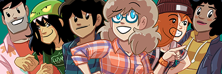 Six young adults - some of the main characters of Dumbing of Age - pose and grin.