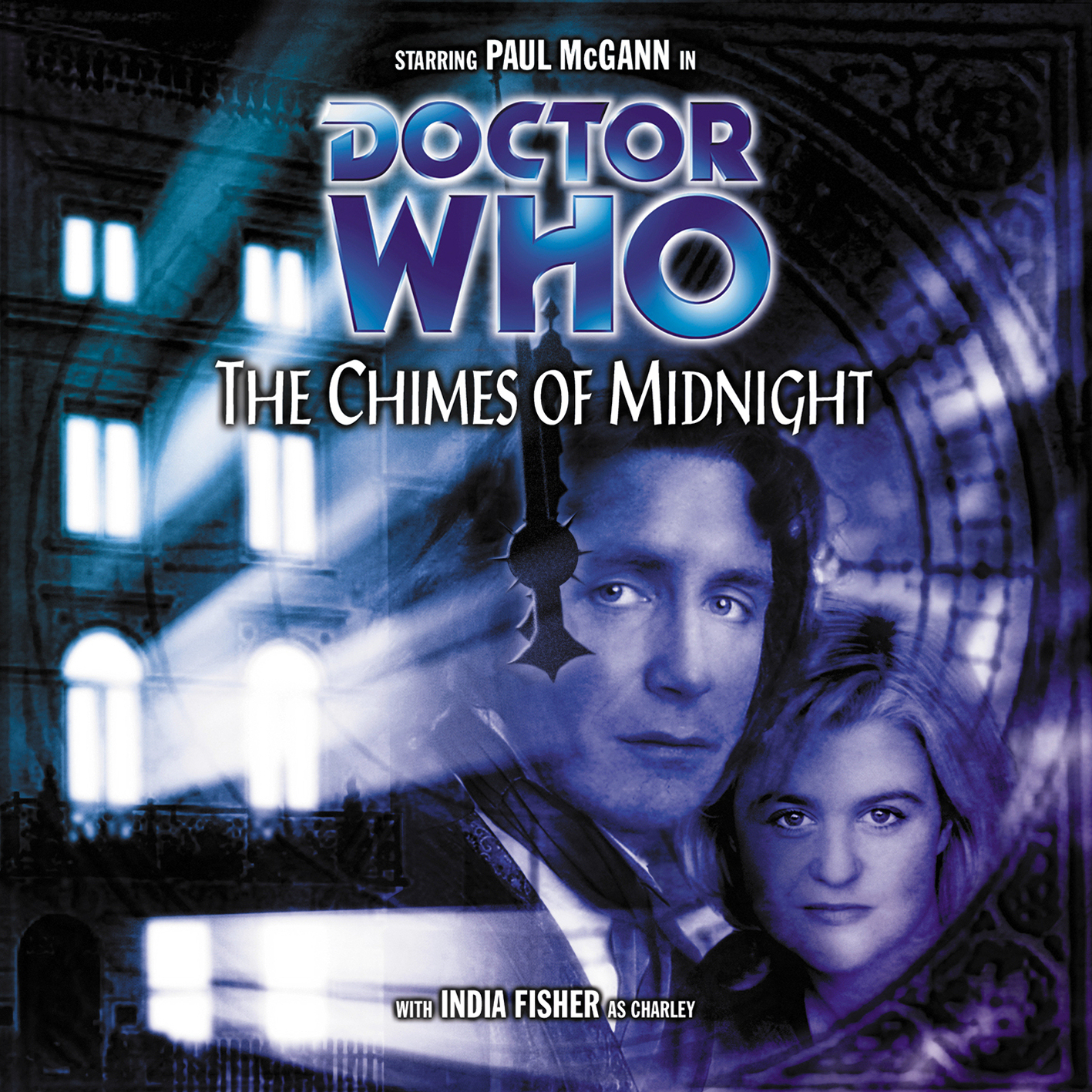 Cover image for The Chimes of Midnight: the Eighth Doctor and Charley Pollard (India Fisher)'s faces superimposed on a faint clock face pointing to nearly midnight. Also visible is a large English manor house with light from its windows. The image is dark blue/black in tone. Text reads: Starring Paul McGann in DOCTOR WHO; The Chimes of Midnight; with India Fisher as Charley'.
