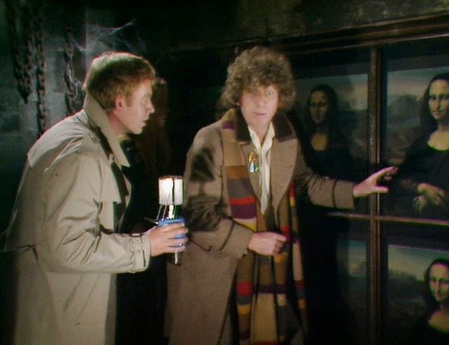 Screencap from City of Death: In a basement, the Doctor and Duggan look with awe at the Mona Lisa in a cabinet.