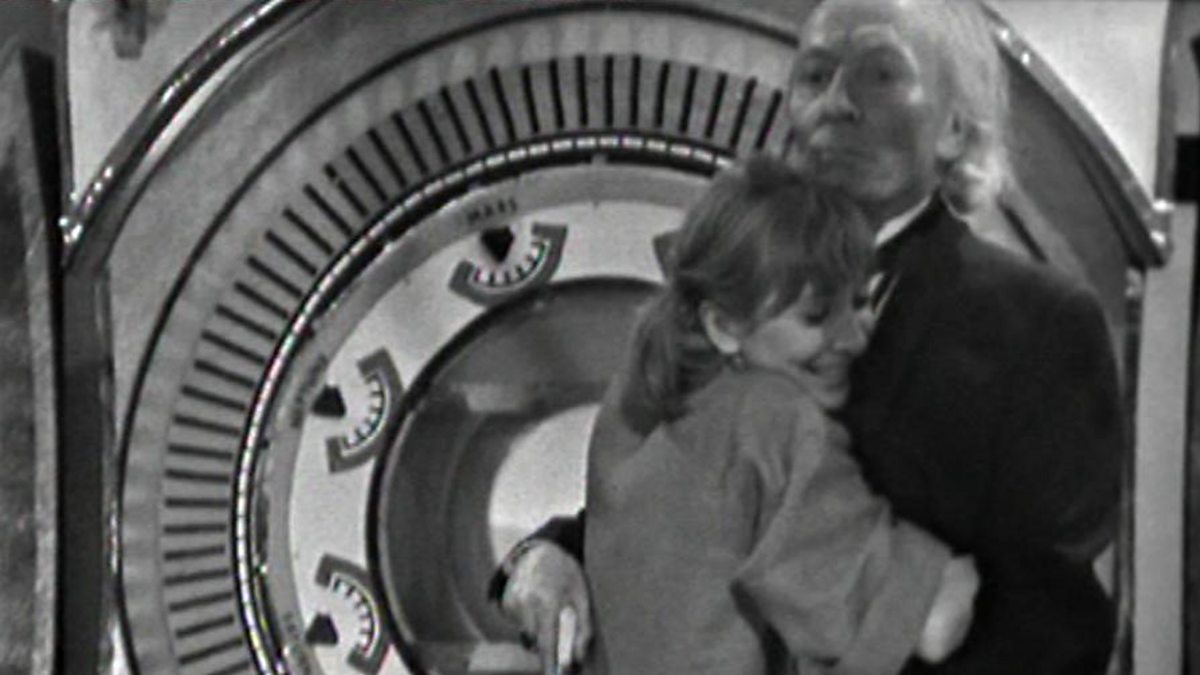 Screencap from The Chase: The Doctor hugs Vicki in front of the Space-Time Visualizer.