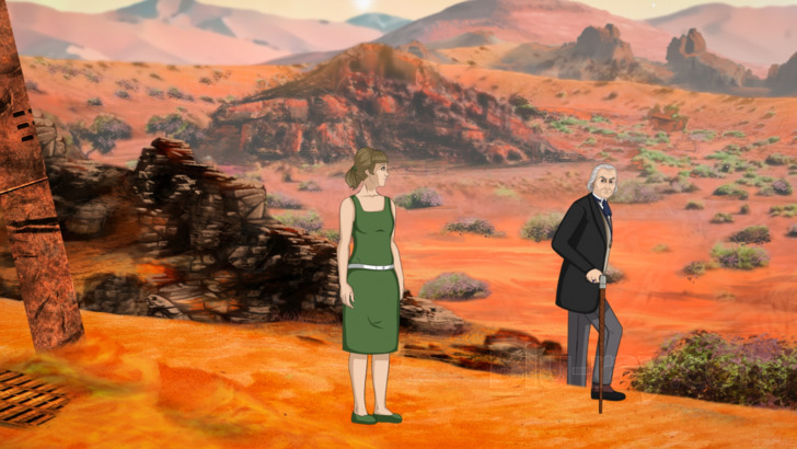 Screencap from Galaxy 4 (animated): In an orange scrubland landscape, the Doctor stands some distance from Vicki, waiting for her to follow.