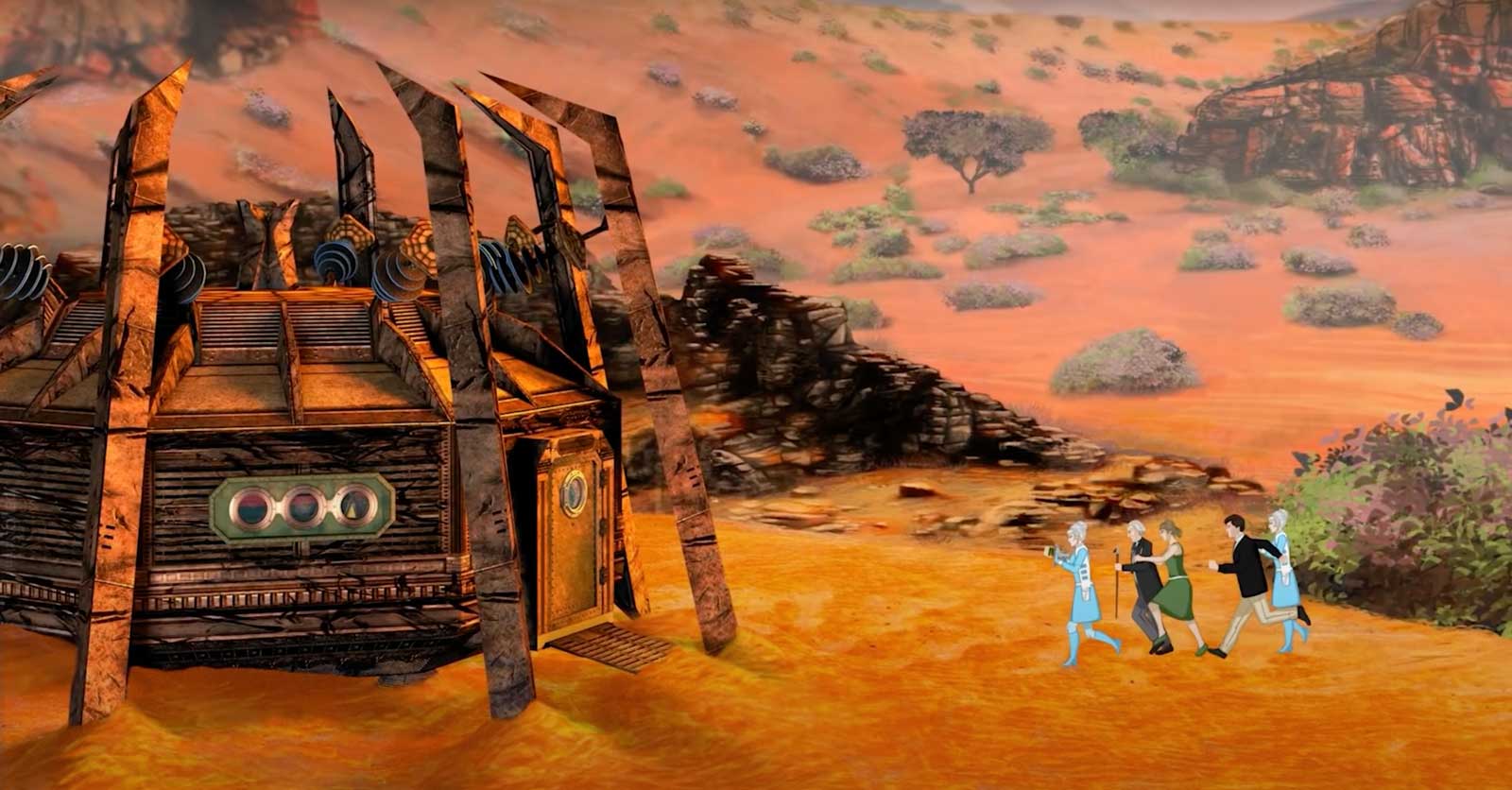 Screencap from Galaxy 4 (animated): In an orange scrubland landscape, the Doctor, Vicki, Steven, and two Drahvins (women in blue outfits) run towards a decrepit landed spaceship.