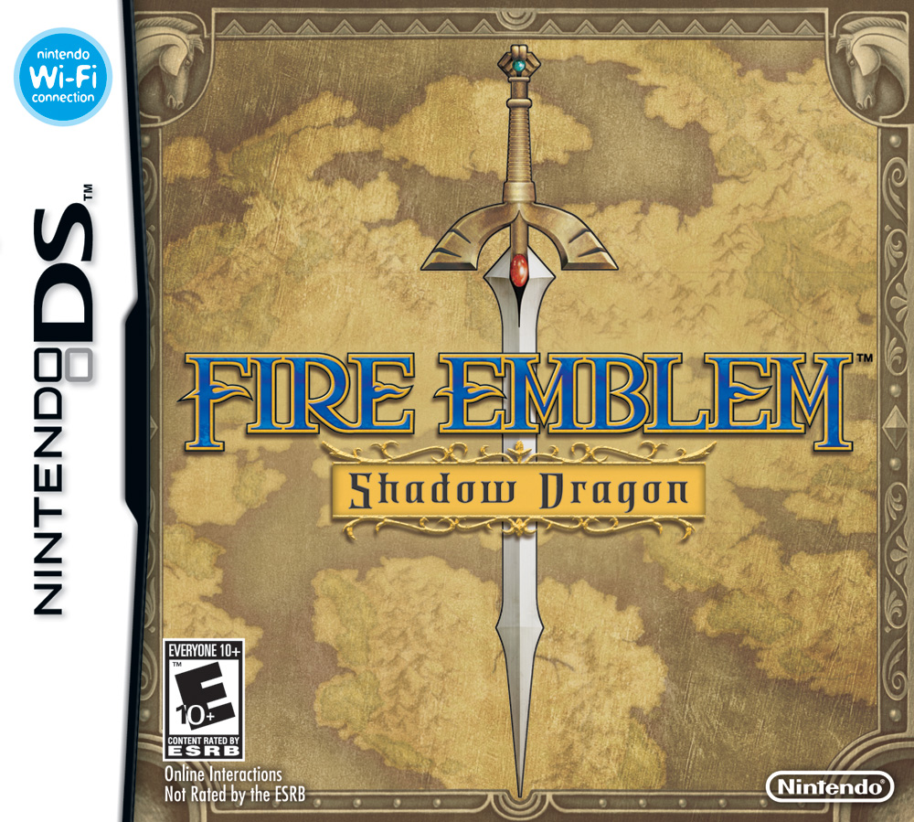 The cover of Fire Emblem: Shadow Dragon (US), for the Nintendo DS. A sepia map fills the background, with a border with horse heads in the corners. Atop the background is a stylized sword pointing down. The title reads 'FIRE EMBLEM' 'Shadow Dragon'. The rating (E 10+) is in the lower left corner. In the lower right is the Nintendo logo. Across the left side is the Nintendo DS casing, with 'nintendo Wi-Fi connection' at the top.