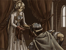 Artwork from Shadow Dragon: Princess Nyna, a woman with fancy blonde hair in an updo and an elegant white dress, bends down to present Marth (blue-haired prince, kneeling and facing away from the camera) with a small gold shield on a velvet pillow. They stand in front of red curtains and a window.