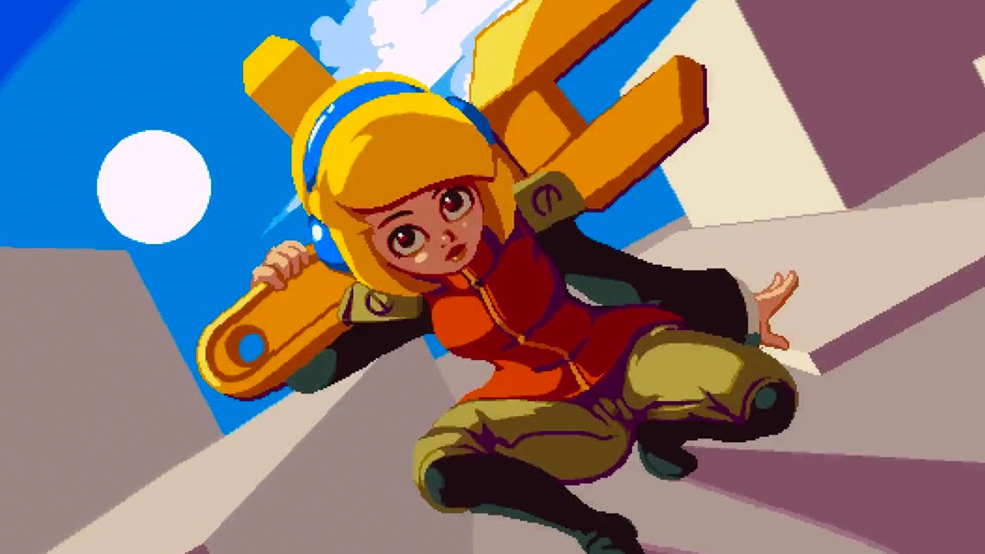 A young cartoon blonde woman looks at the camera, perched on a wall. She wears work clothing - an orange red vest over a dark long sleeve shirt, cargo shorts over long pants - and carries a giant wrench over her shoulder. Pixel art.