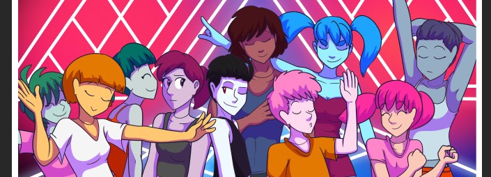 Several of Questionable Content's robot characters dance in front of a neon background.
