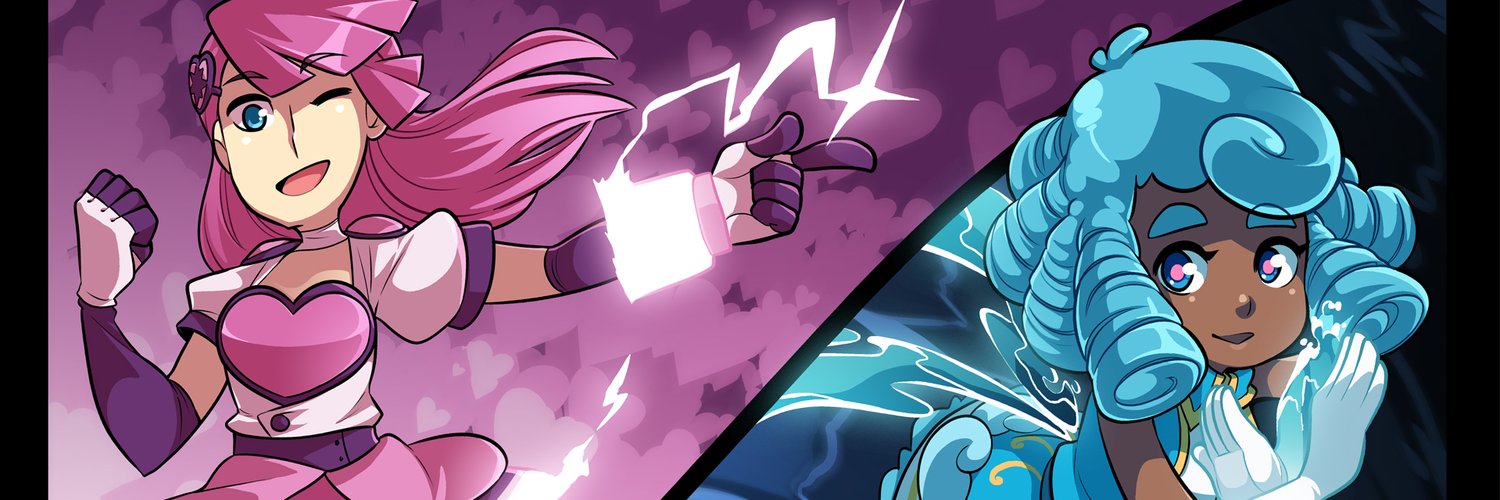The image is split into two parts with a smiling girl in each: on the left is a light-skinned girl with a pink ponytail and heart motif making a lightningy finger gun and winking in front of a pink background; on the right is a dark-skinned girl with blue hair in ringlets with water around her on a blue background.